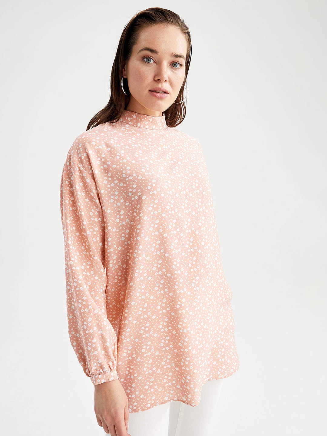 

DeFacto Dusty Pink & White Floral Print Mandarin Collar Longline Top, Rose