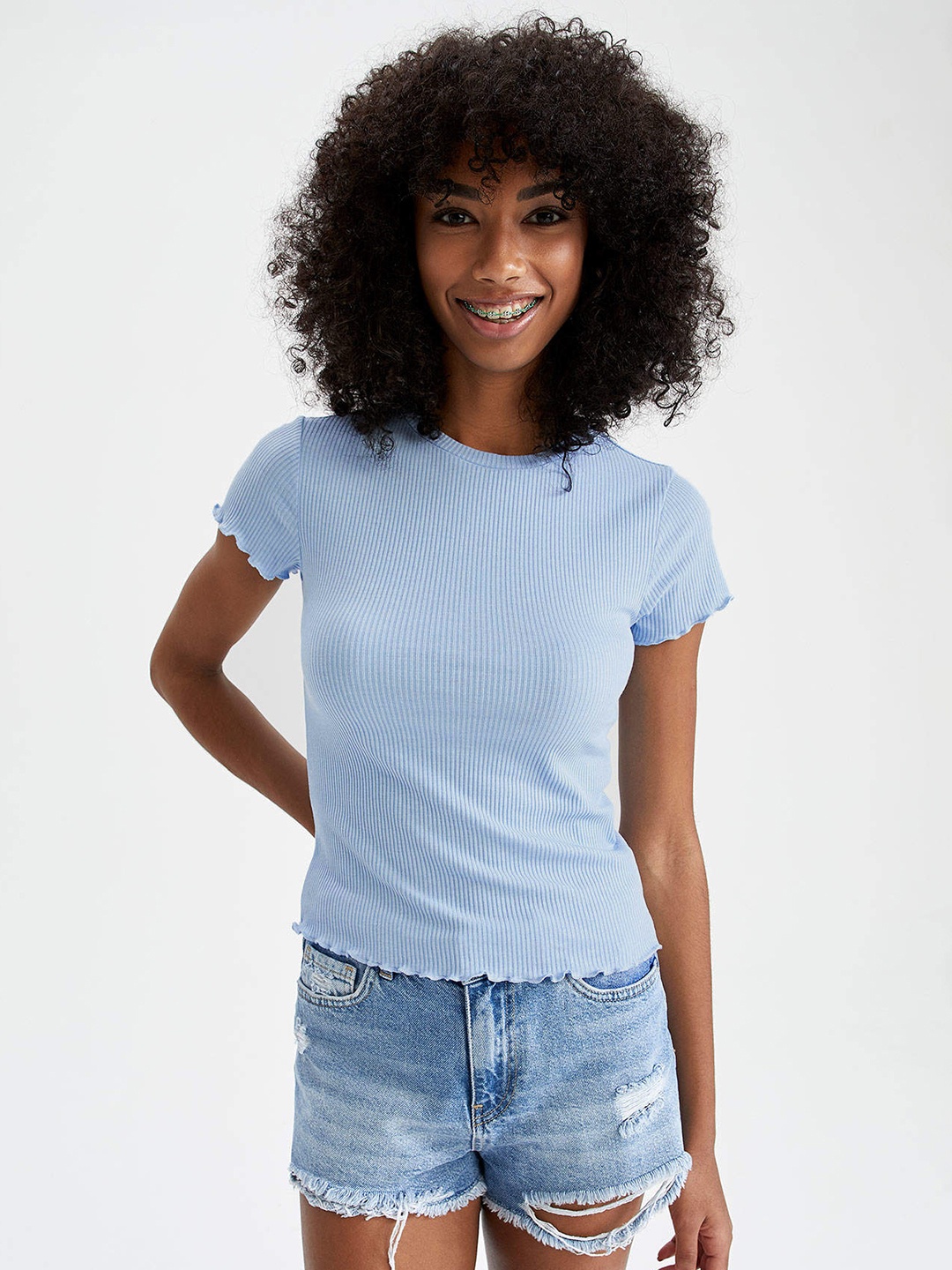 

DeFacto Blue Ribbed Lettuce Hem Top