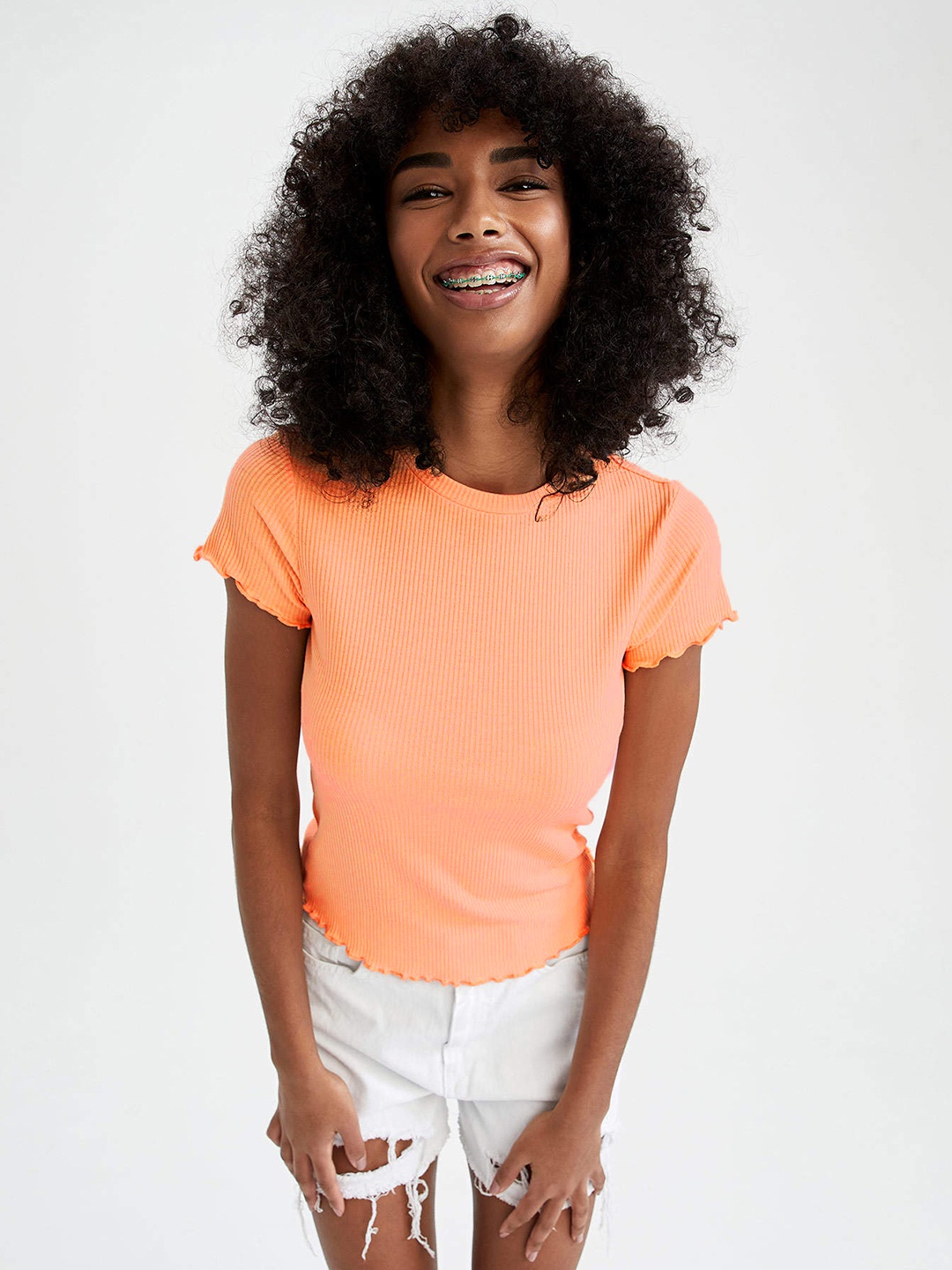 

DeFacto Coral Orange Ribbed Lettuce Hem Top