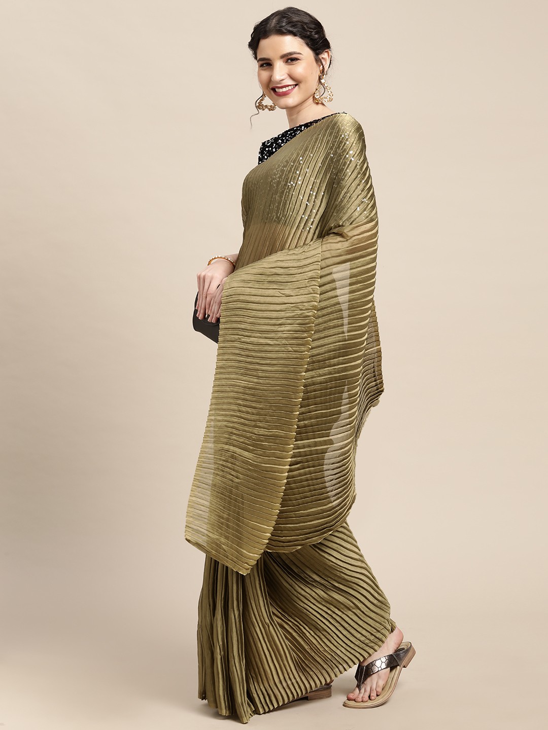 

Mitera Olive Green Pleated Pure Georgette Saree