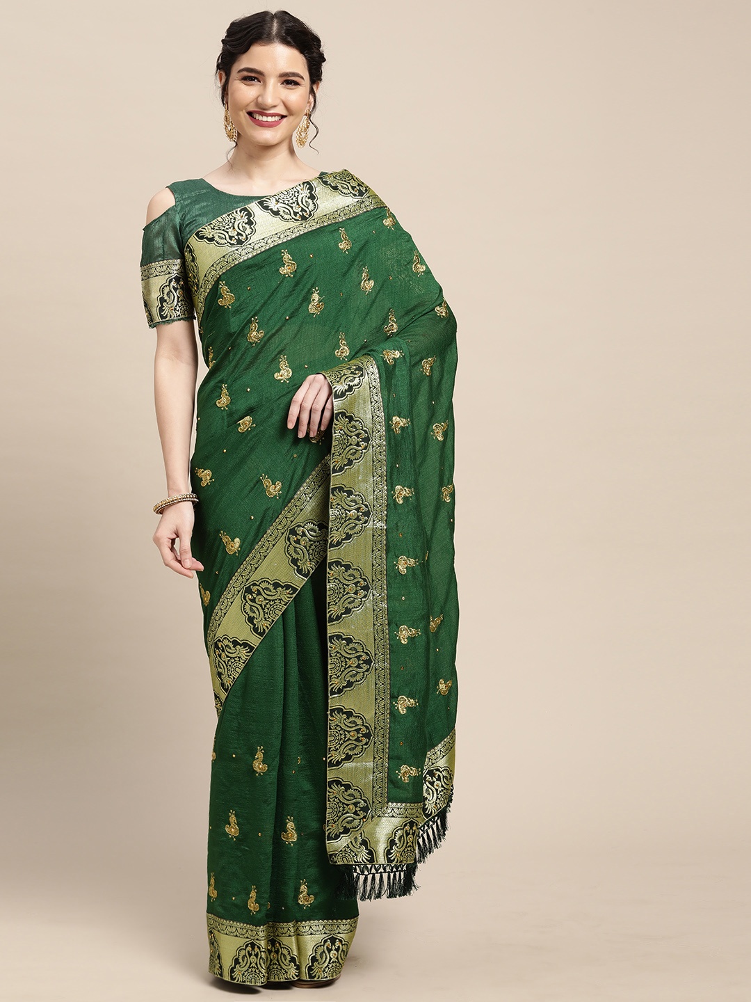 

Mitera Green & Gold-Toned Sequin Embellished and Embroidered Saree