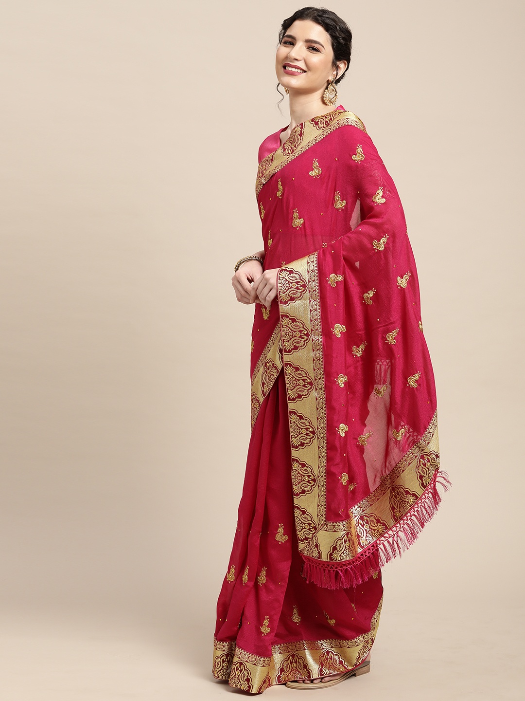 

Mitera Pink & Gold-Toned Sequin Embellished and Embroidered Saree