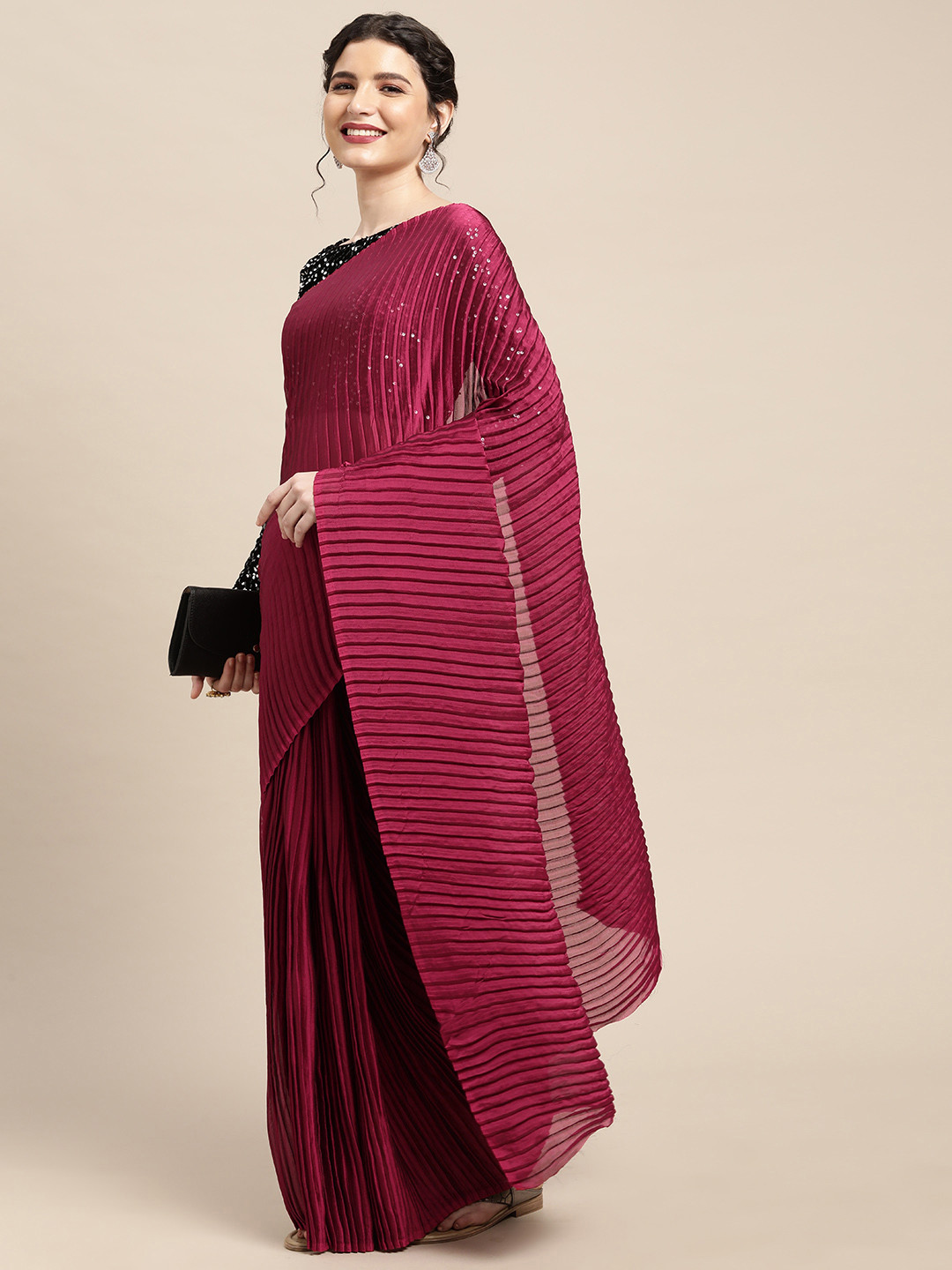 

Mitera Maroon Pleated Pure Georgette Saree