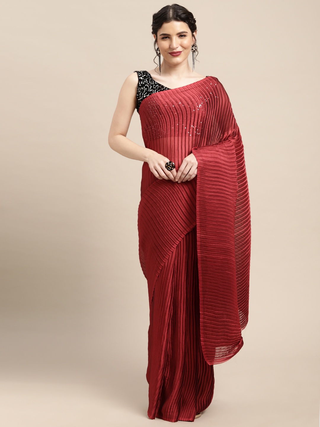 

Mitera Maroon Pleated Pure Georgette Saree