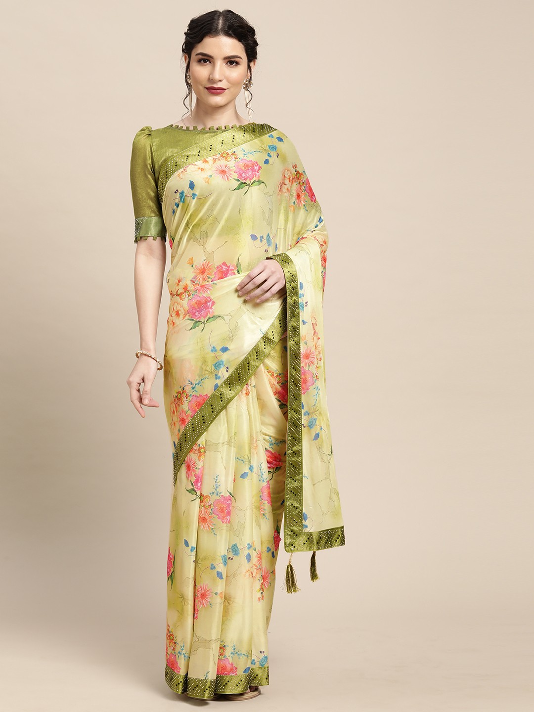 

Mitera Green & Pink Floral Printed Saree