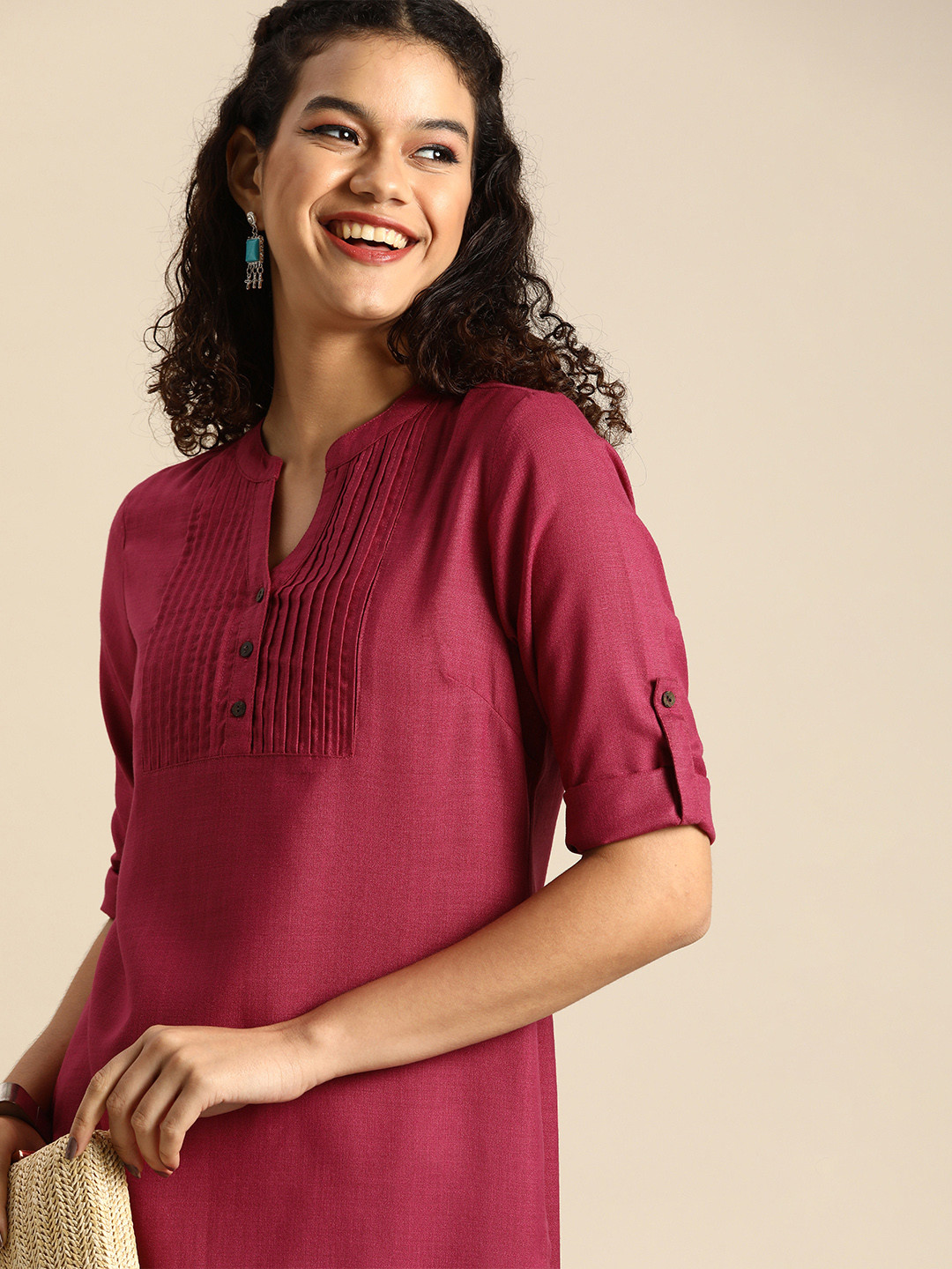 

Anouk Women Mauve Solid Pleated Casual Straight Kurta