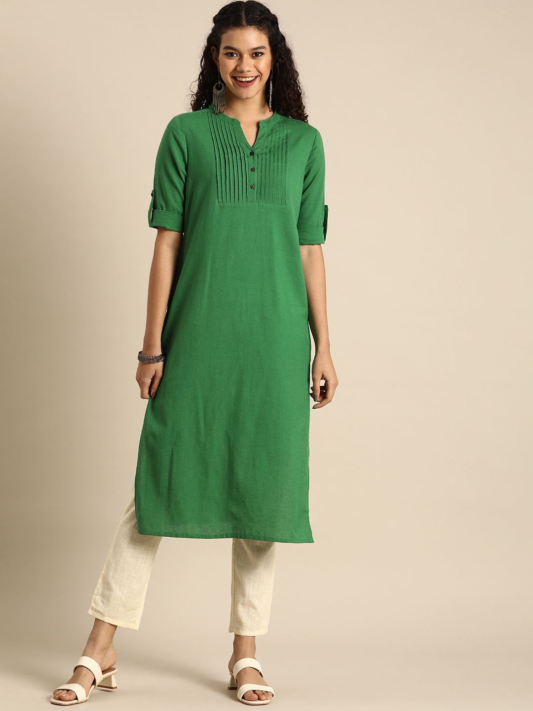 

Anouk Women Green Solid V Neck Roll- Up Sleeves Kurta With Pleated Yoke