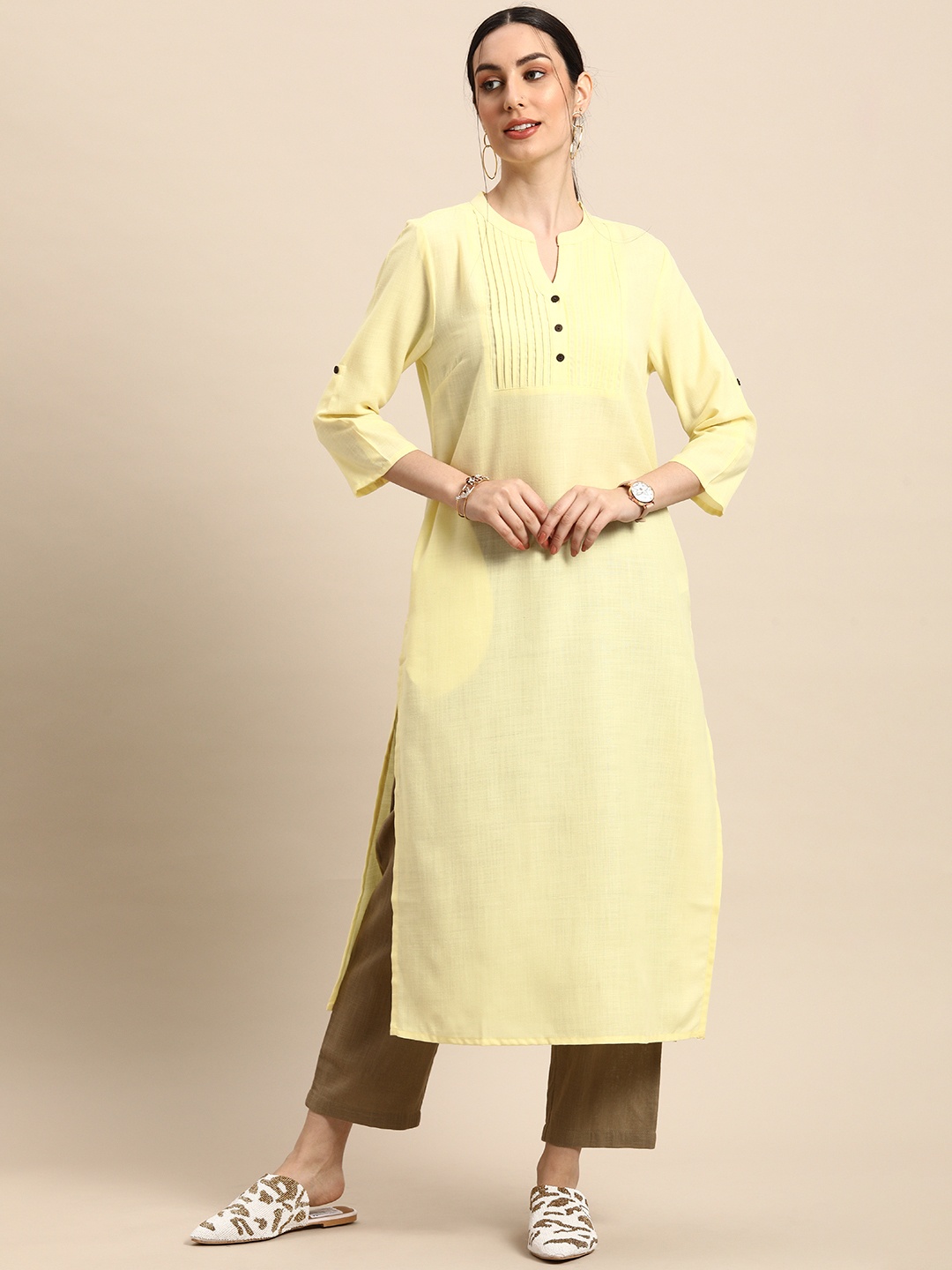 

Anouk Women Yellow Solid V Neck Pleated Straight Kurta