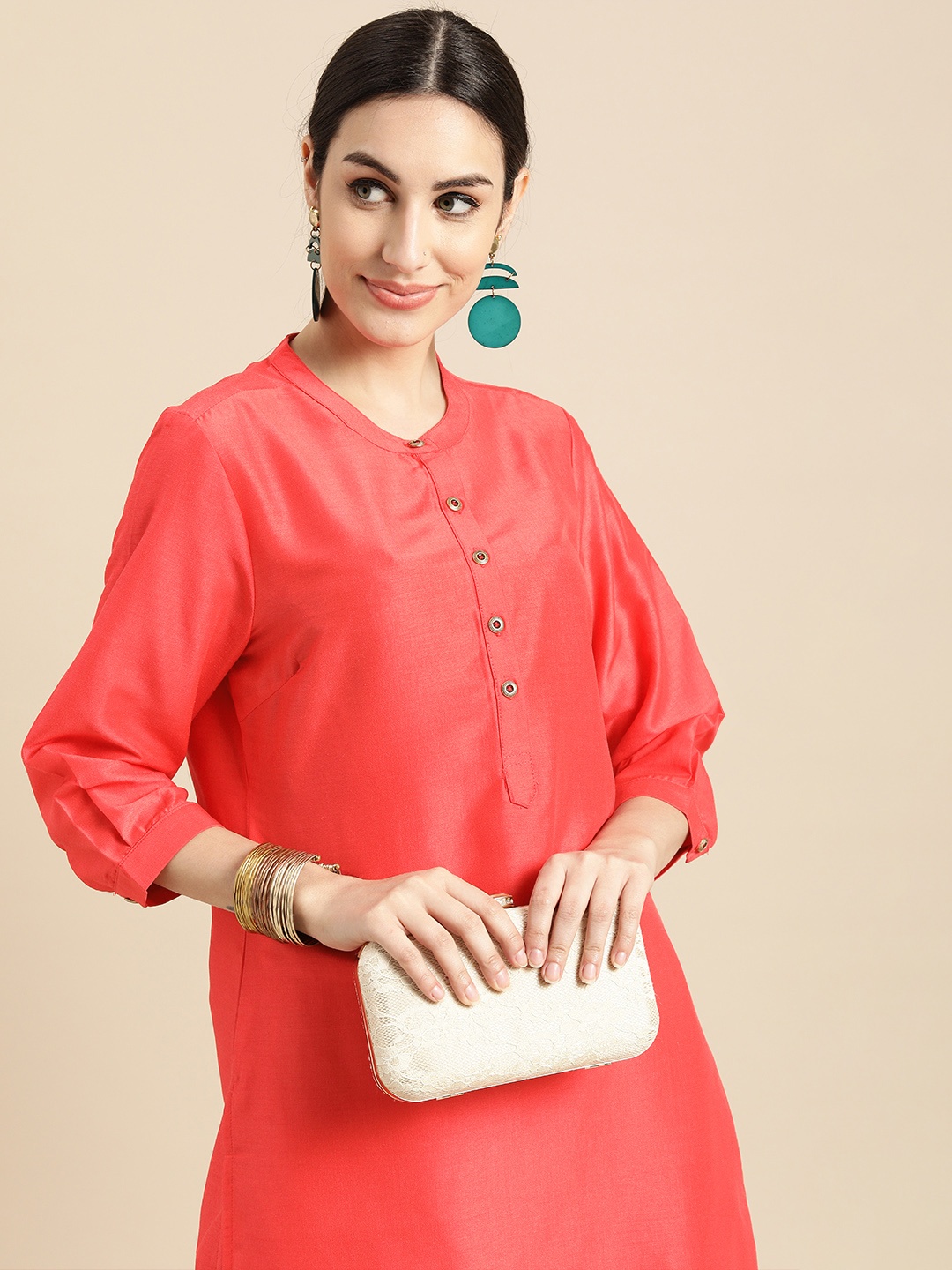 

Anouk Women Coral Red Solid Kurta