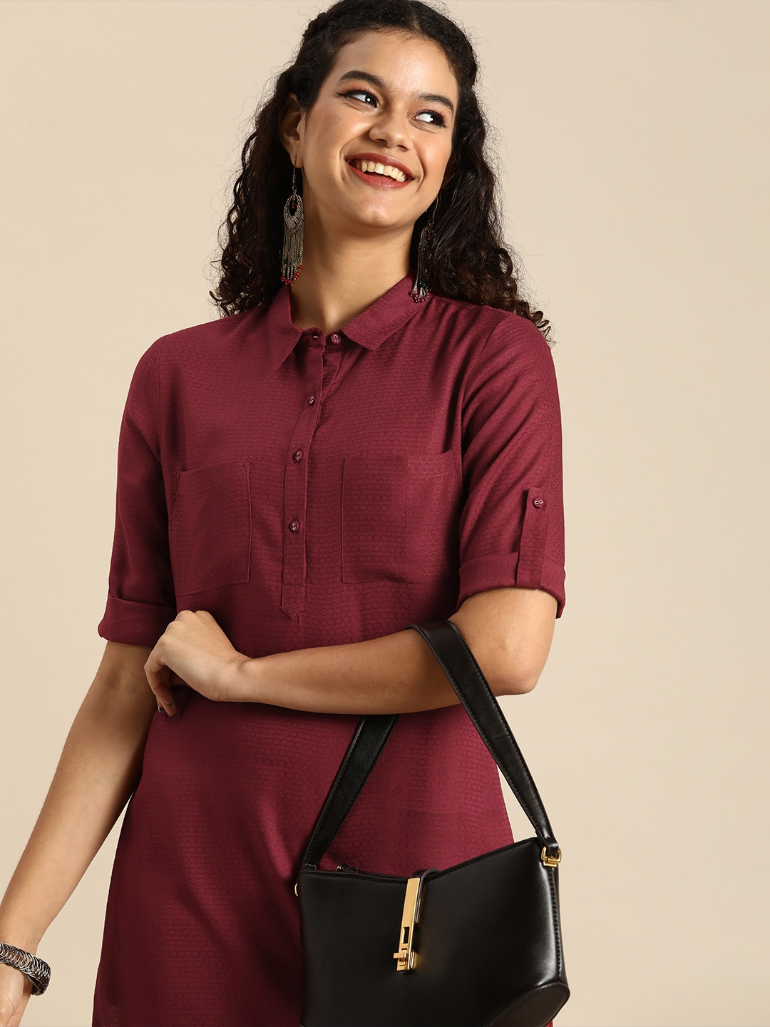 

Anouk Women Maroon Woven Design Roll-Up Sleeves Shirt CollarWork Kurta