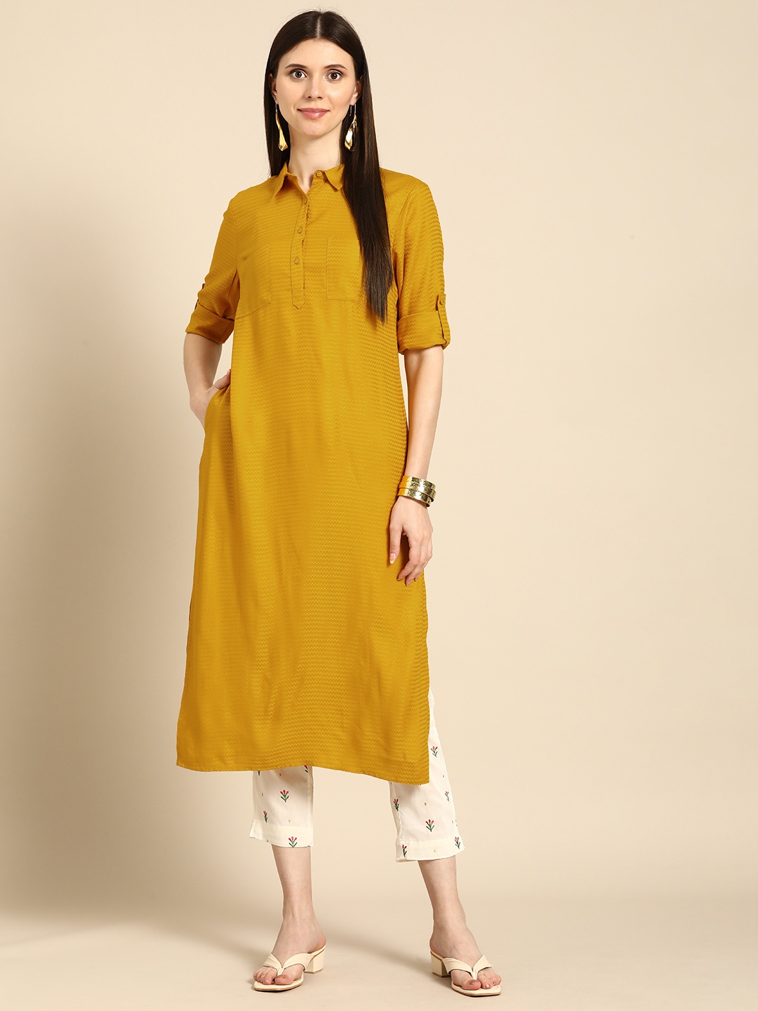 

Anouk Women Mustard Yellow Pathani Kurta