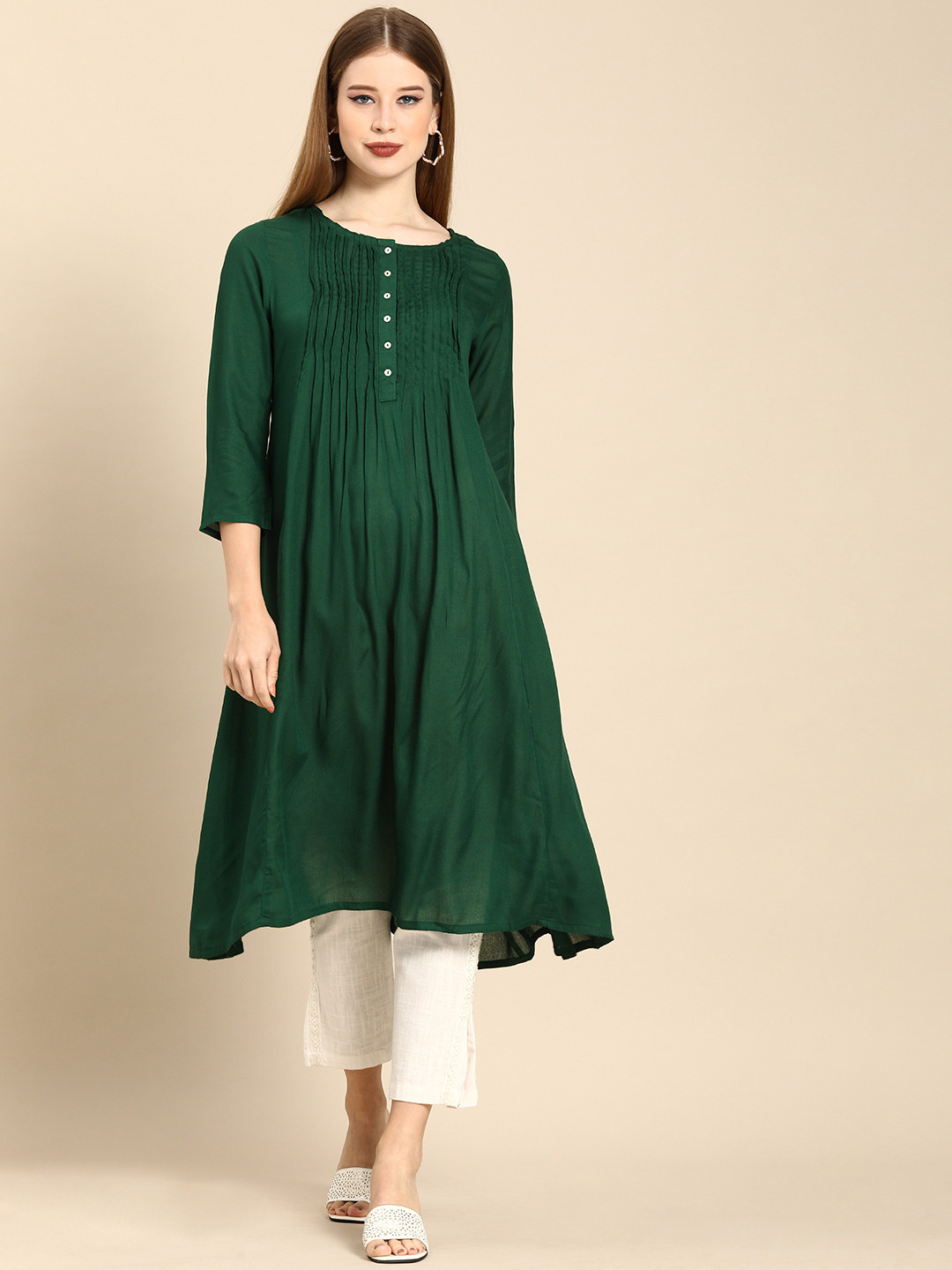 

Anouk Women Green Solid A-Line Kurta