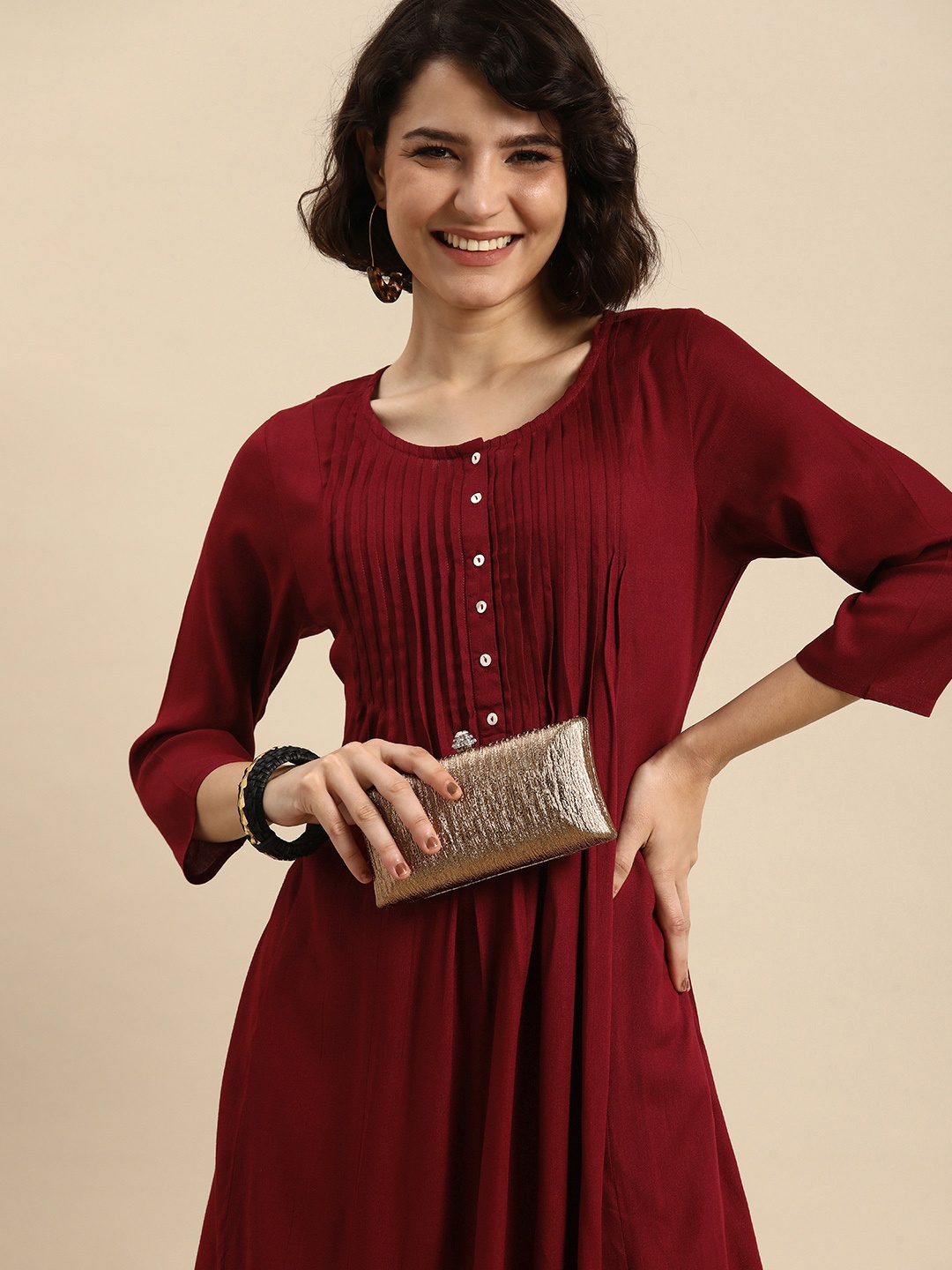 

Anouk Women Maroon Solid Pleated Kurta