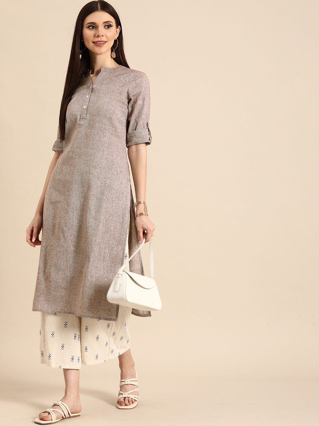 

Anouk Women Brown Roll-Up Sleeves Rayon Kurta