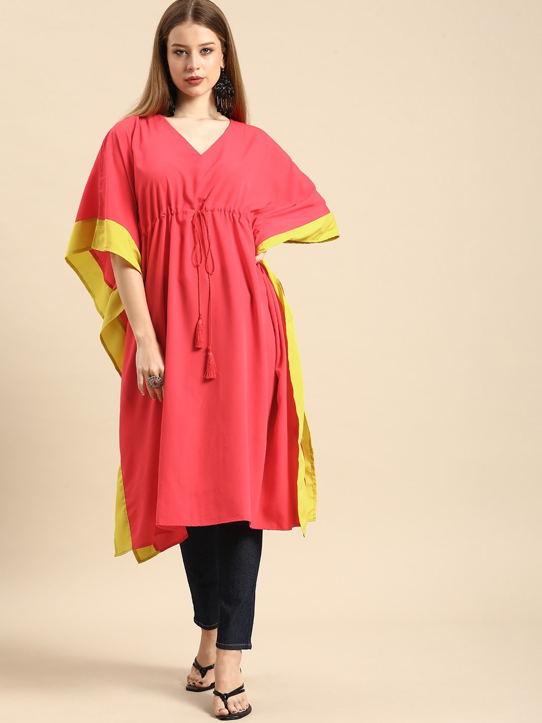

Anouk Women Coral Pink Solid V-Neck Kaftan Kurta