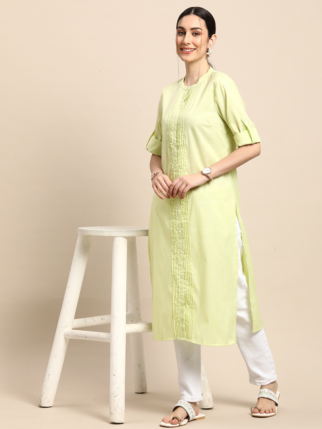 

Anouk Women Lime Green Solid Mandarin-Collar Pleated Straight Kurta