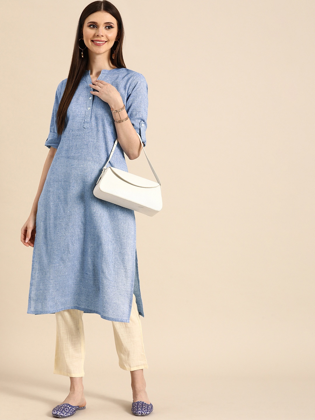 

Anouk Women Blue Roll-Up Sleeves Rayon Kurta