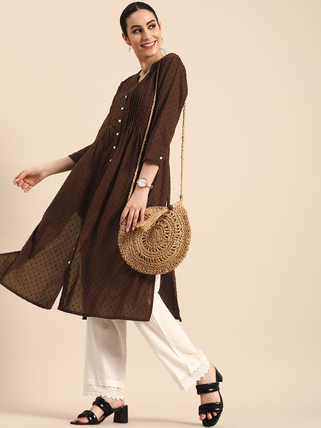 

Anouk Women Coffee Brown Embroidered A-Line Kurta