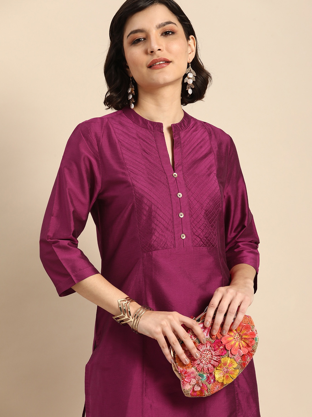 

Anouk Women Pink Striped V-Neck Regular Kurta With Pin Tuck Detail