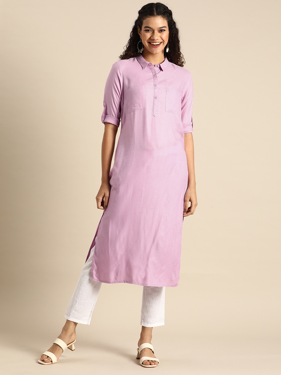 

Anouk Women Lavender Solid Shirt Collar Textured Kurta