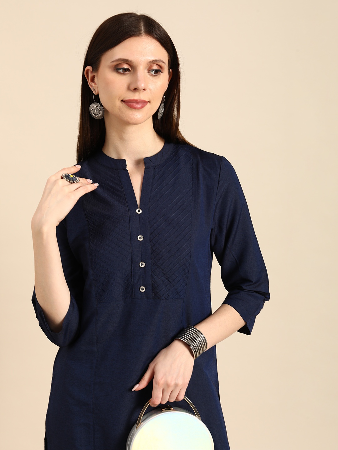 

Anouk Women Navy Blue Solid Thread Work-Detailed A-Line Indigo Kurta