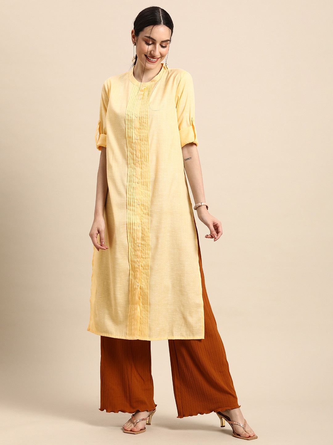 

Anouk Women Yellow Solid Pleated Kurta