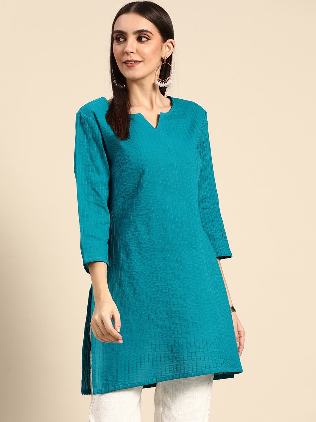 

Anouk Women Teal Green Embroidered Stripe Pure Cotton A-Line Kurta