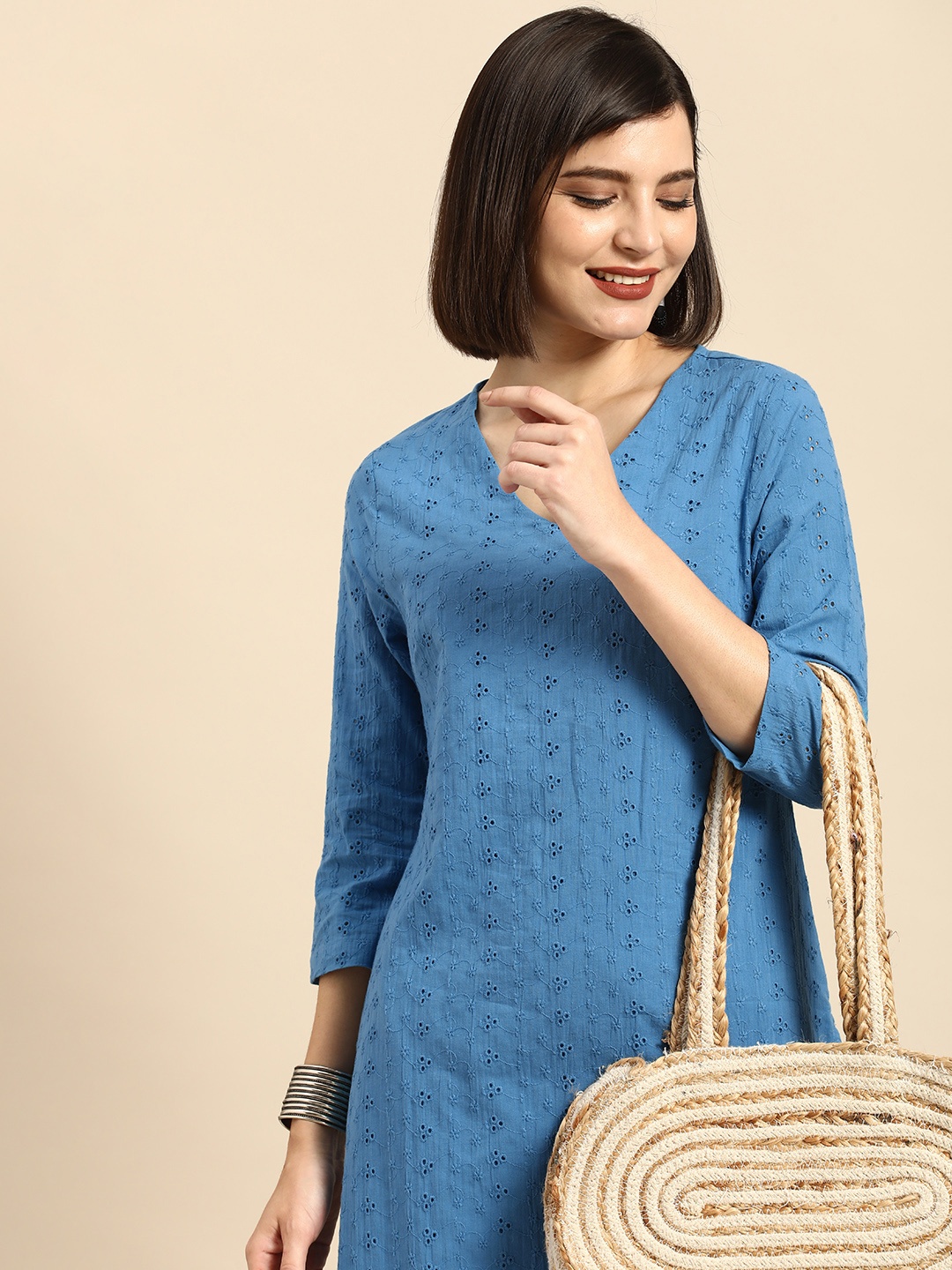 

Anouk Women Blue Embroidered Schiffli Pure Cotton Casual Kurta