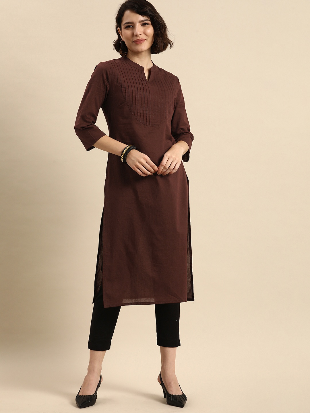 

Anouk Women Brown Self Design Straight Kurta