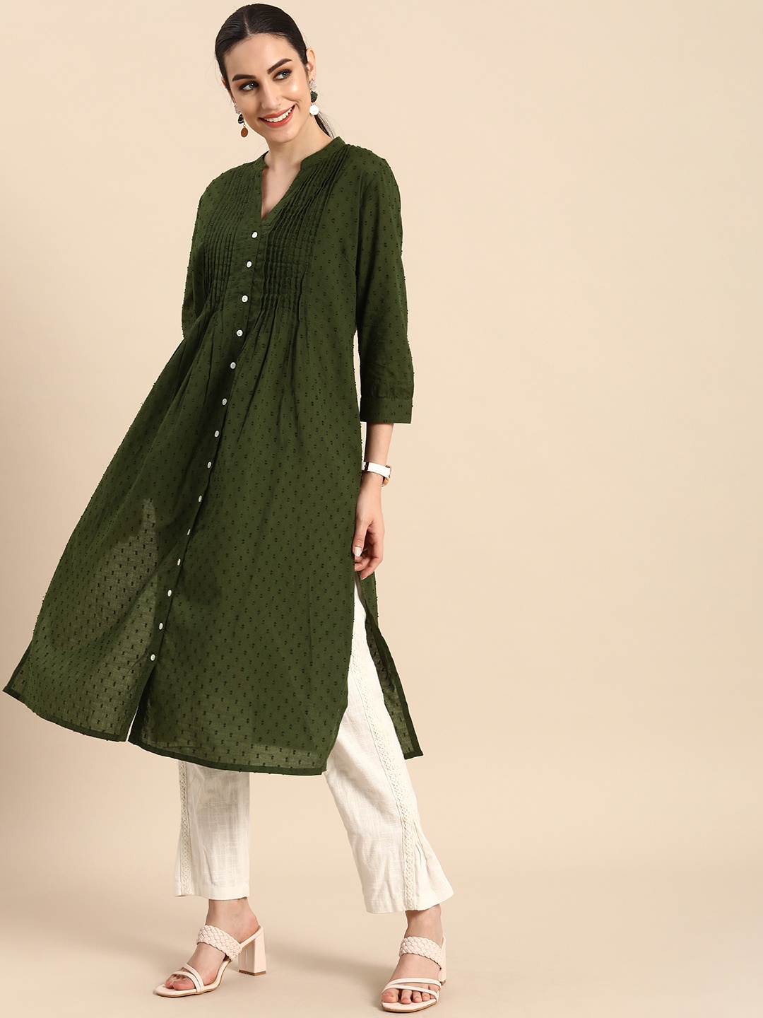 

Anouk Women Olive Green Embroidered Mandarin-Collar A-Line Kurta