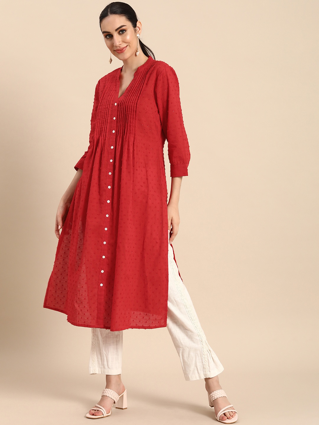 

Anouk Women Red Embroidered Mandarin-Collar A-Line Kurta
