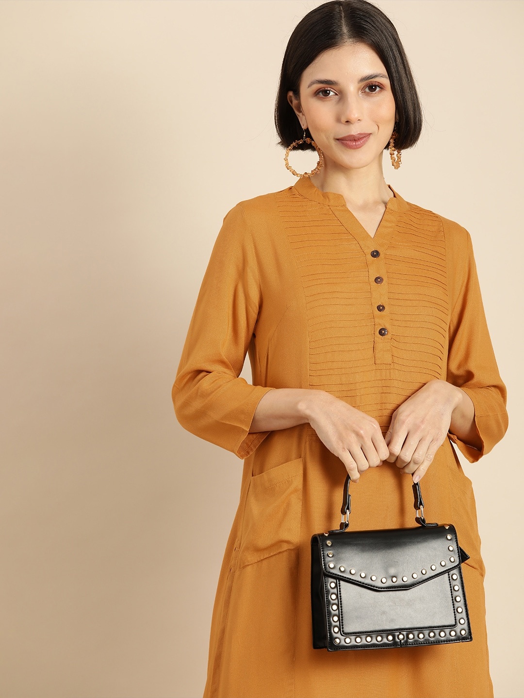 

Anouk Women Mustard Yellow Pintuck Pleats Kurta