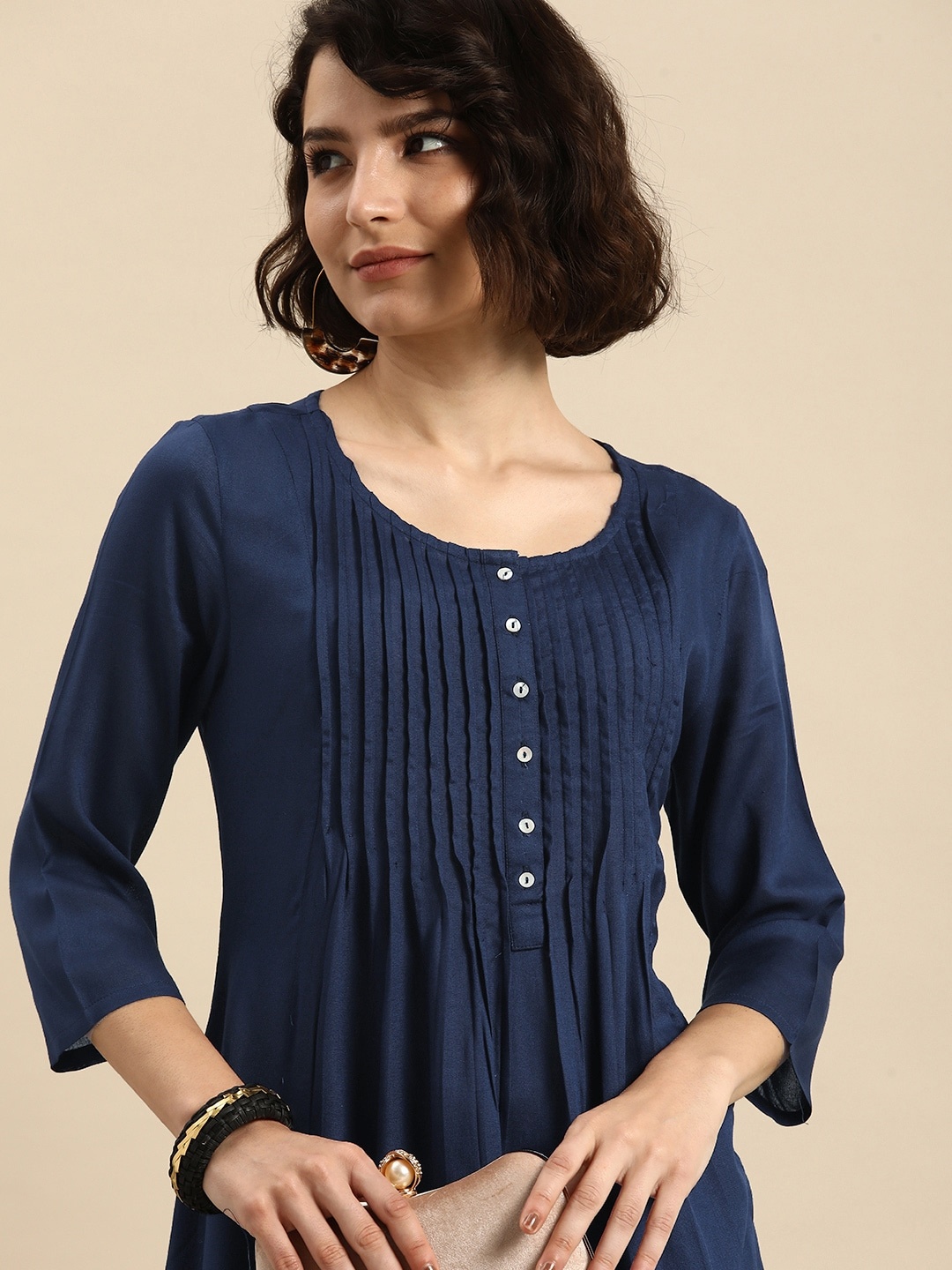 

Anouk Women Navy Blue Solid Pleated Kurta