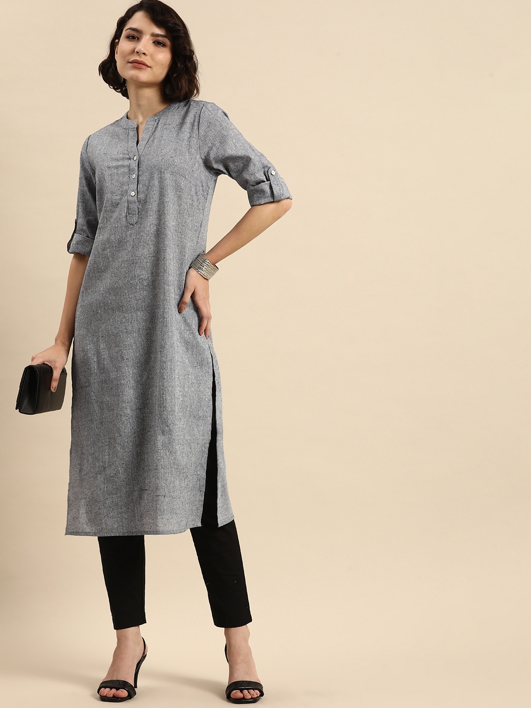 

Anouk Women Grey Solid Roll-Up Sleeve Mandarin Collar Kurta