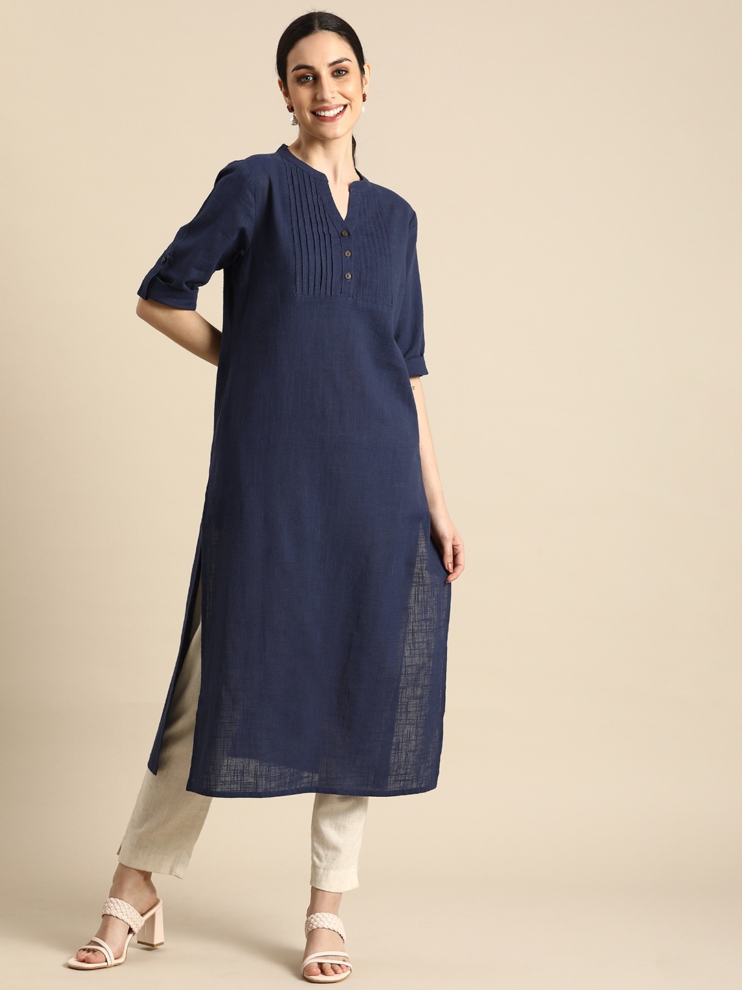 

Anouk Women Navy Blue Solid V Neck Pure Cotton Kurta
