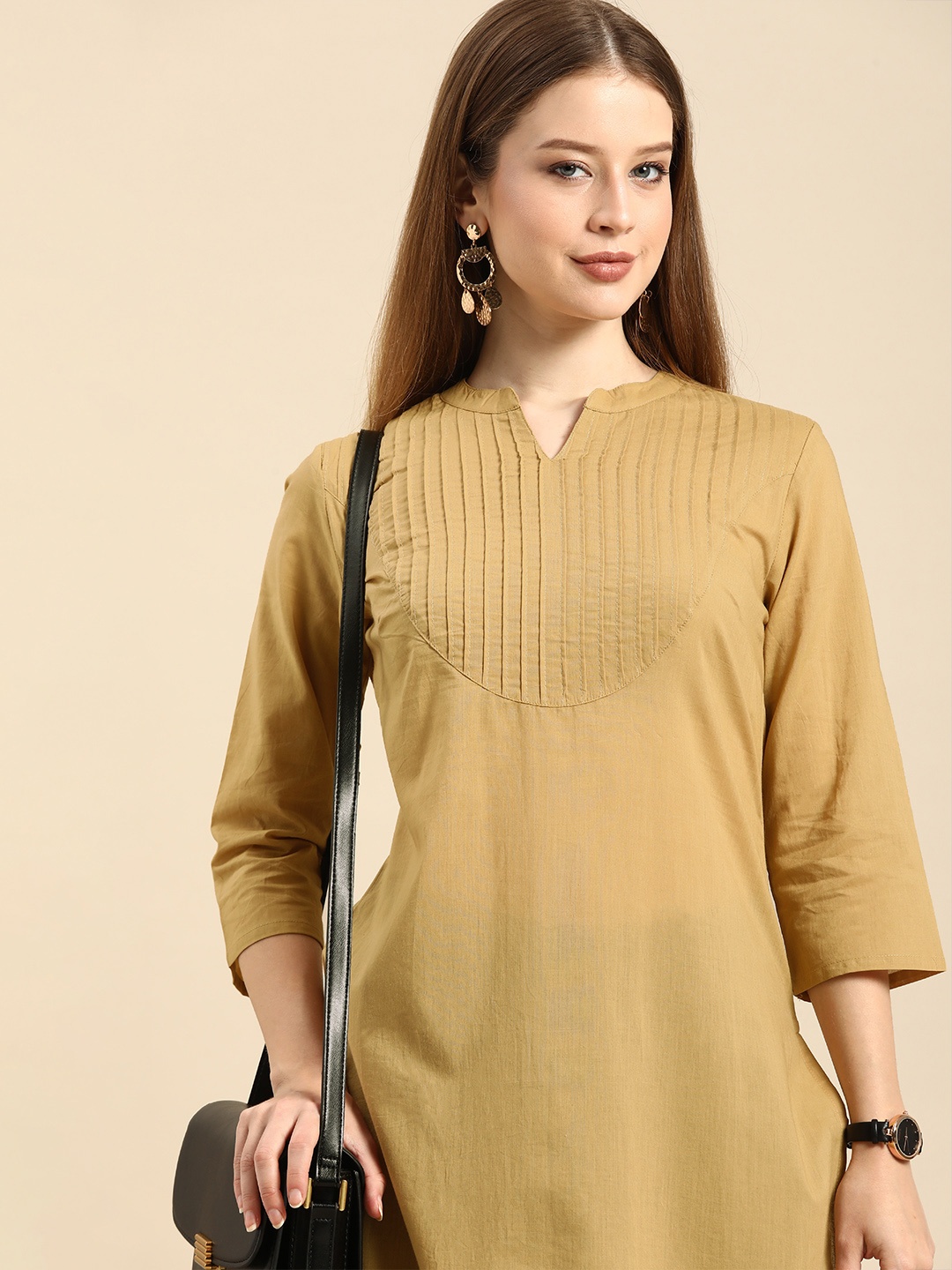 Anouk Women Beige Solid Pure Cotton Kurta