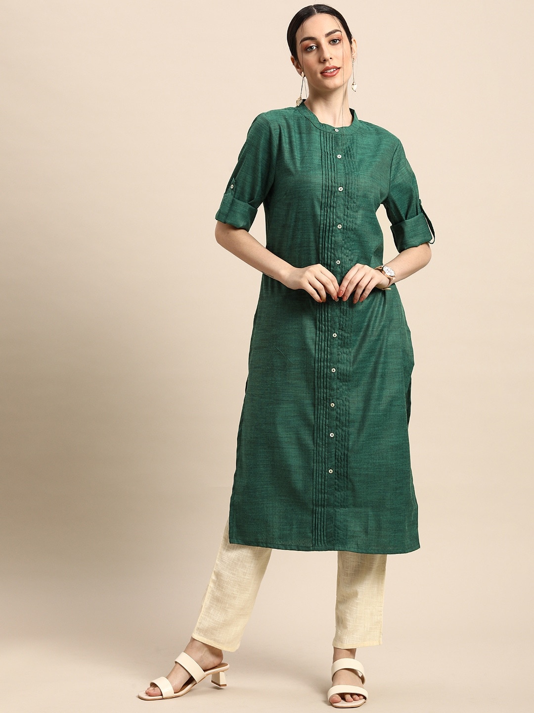 

Anouk Women Green Solid Textured Pleated Casual Kurta