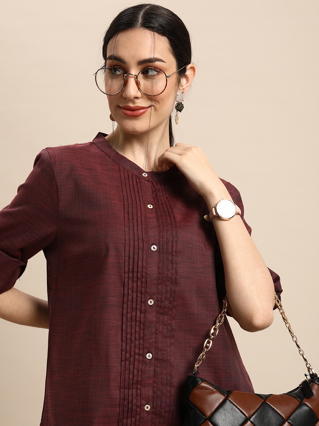 

Anouk Women Burgundy Solid Textured Pleated Casual Sraight Kurta
