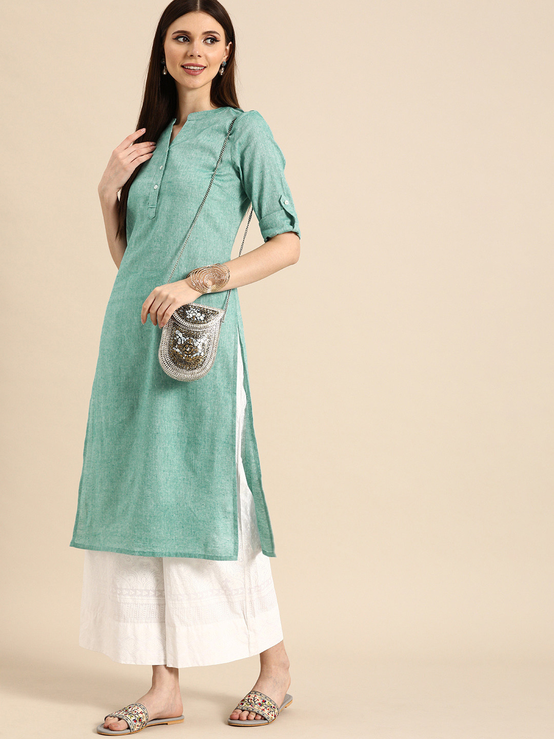 

Anouk Women Mint Green Roll-Up Sleeves Rayon Kurta
