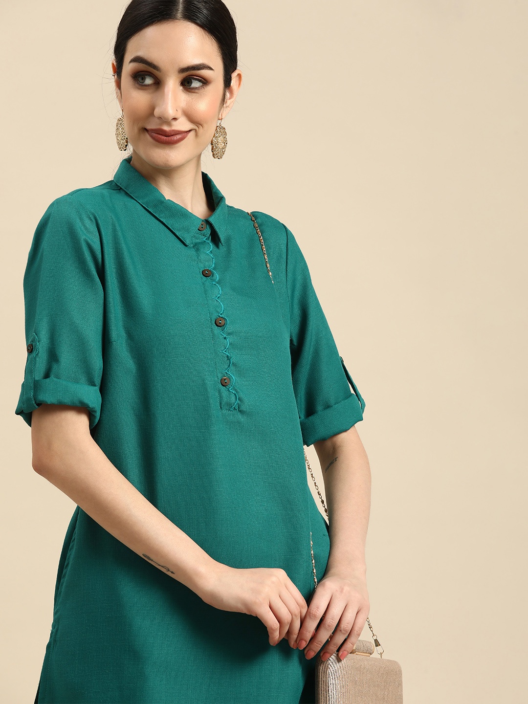 

Anouk Women Teal Green Solid Straight Kurta