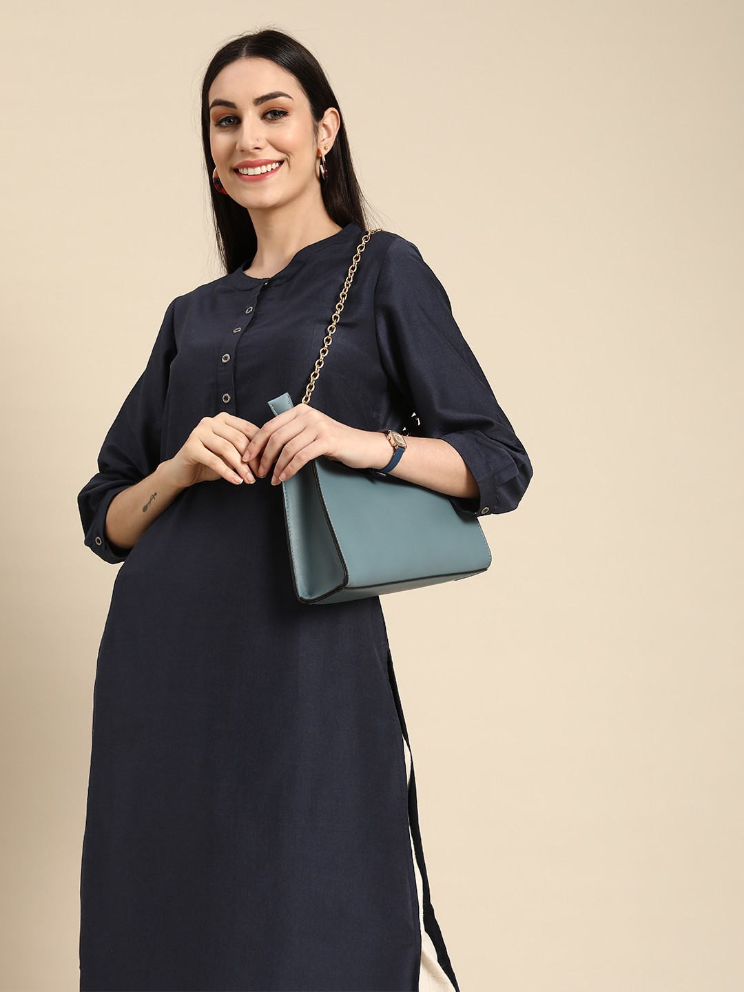 

Anouk Women Navy Blue Solid Mandarin-Collar A-Line Kurta