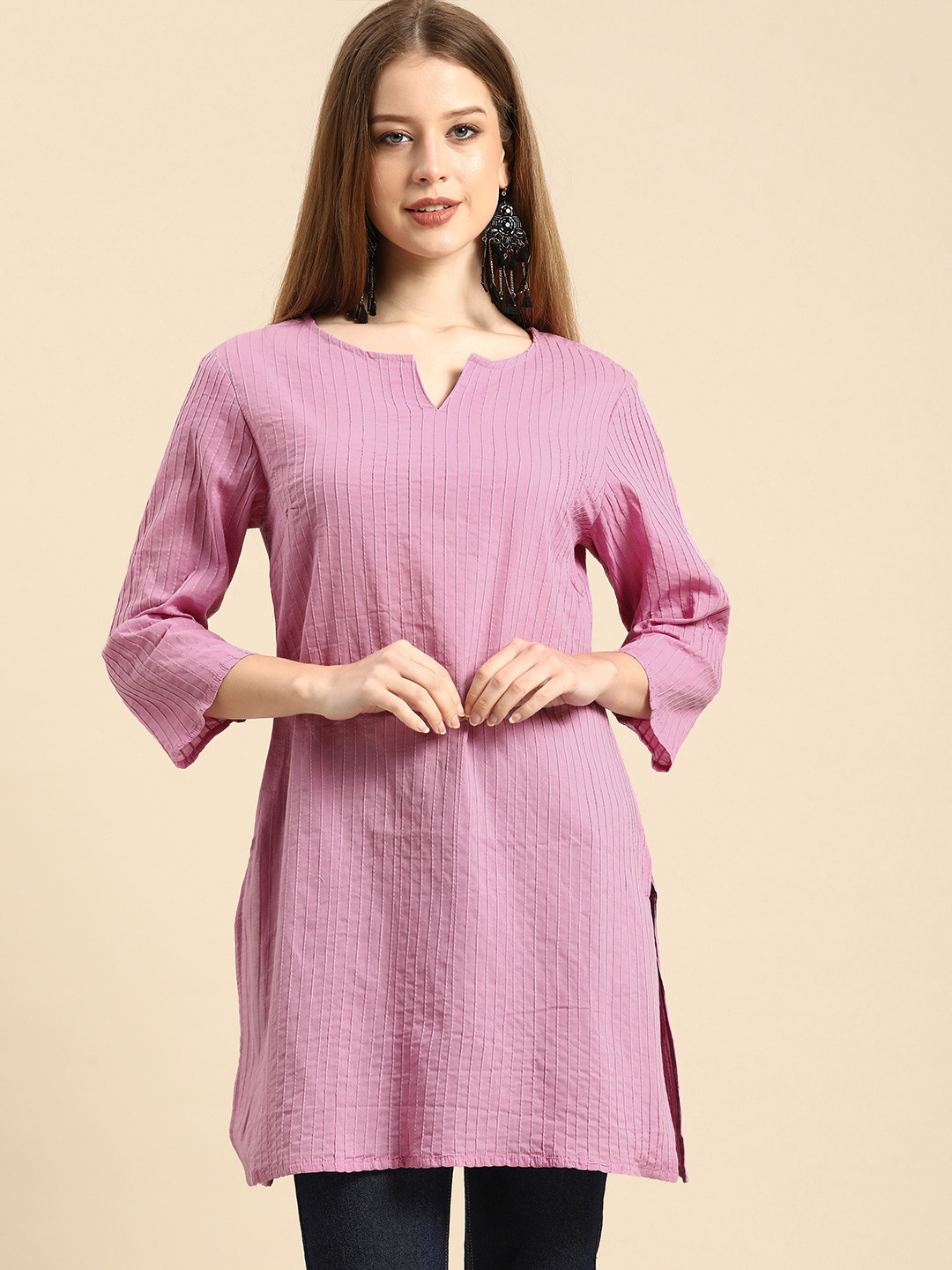 

Anouk Women Pink Embroidered Striped Thread Work Pure Cotton Kurta