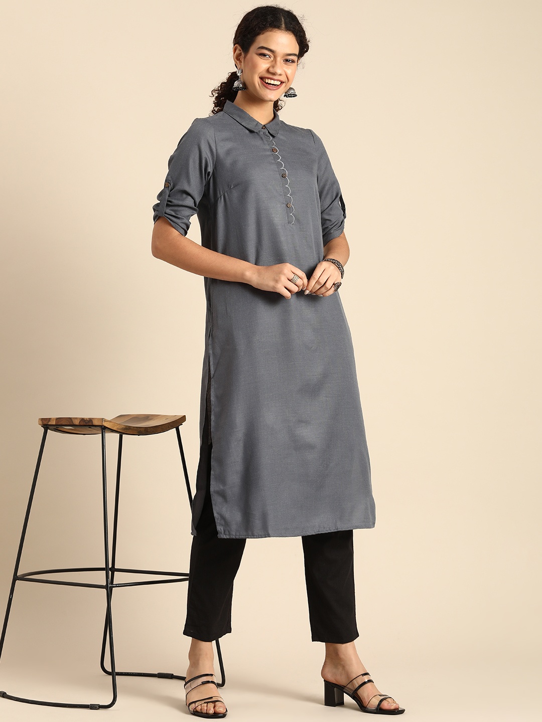 

Anouk Women Grey Solid Shirt Collar Roll-Up Sleeves Polyester Pathani Kurta