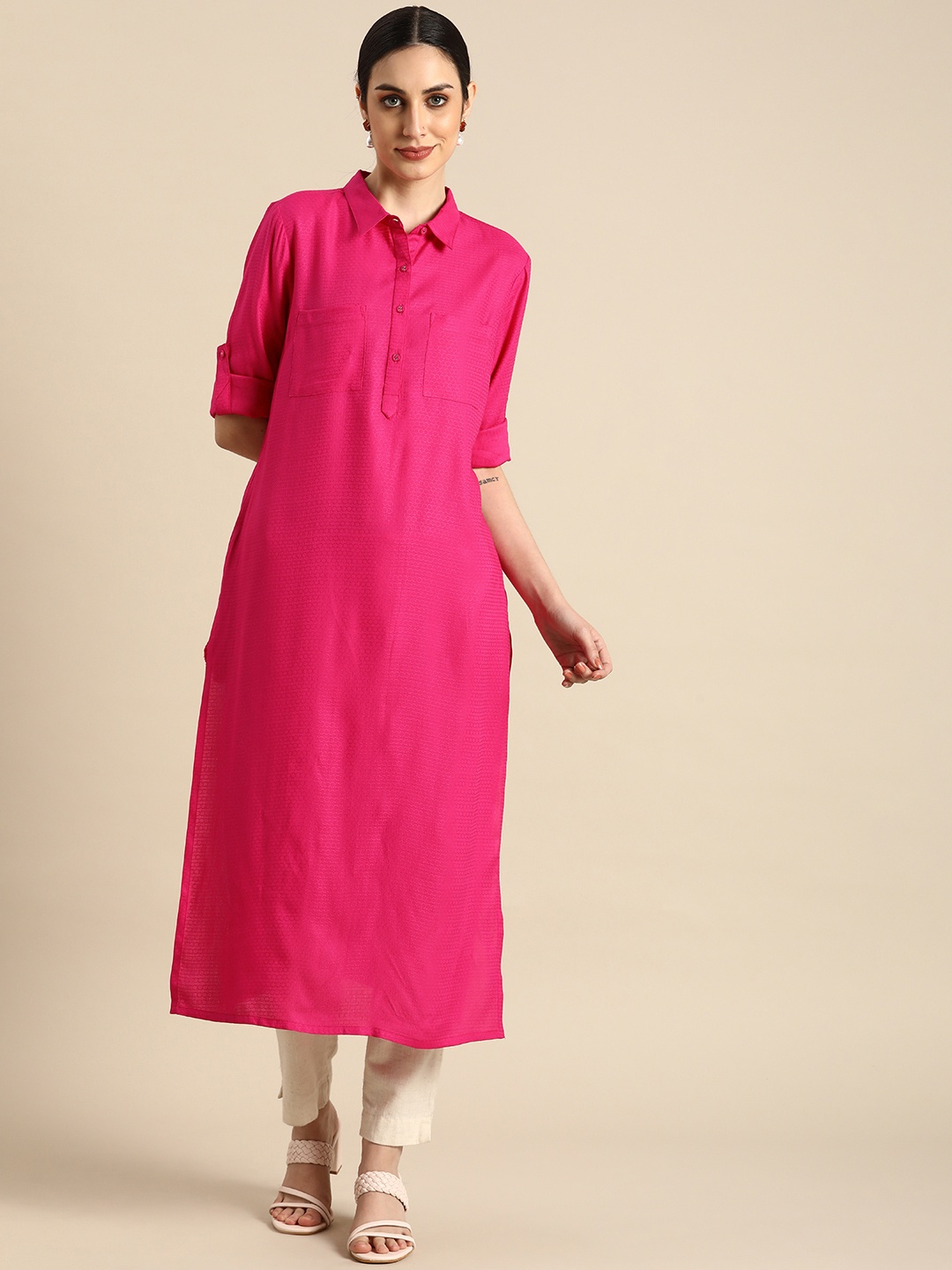 

Anouk Women Pink Woven Design Shirt Collar Roll-Up sleeves Kurta