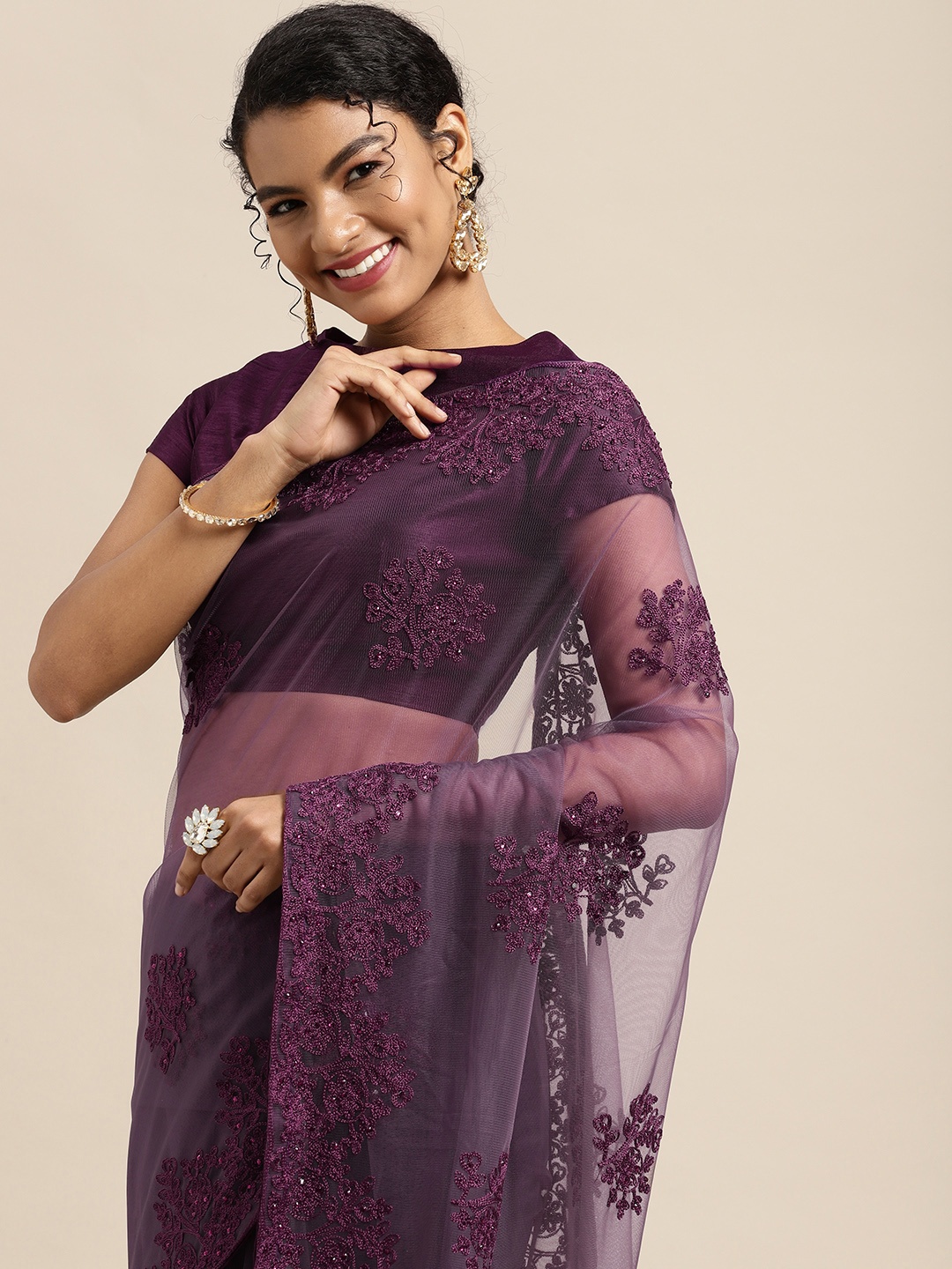 

all about you Burgundy Ethnic Motifs Net Saree