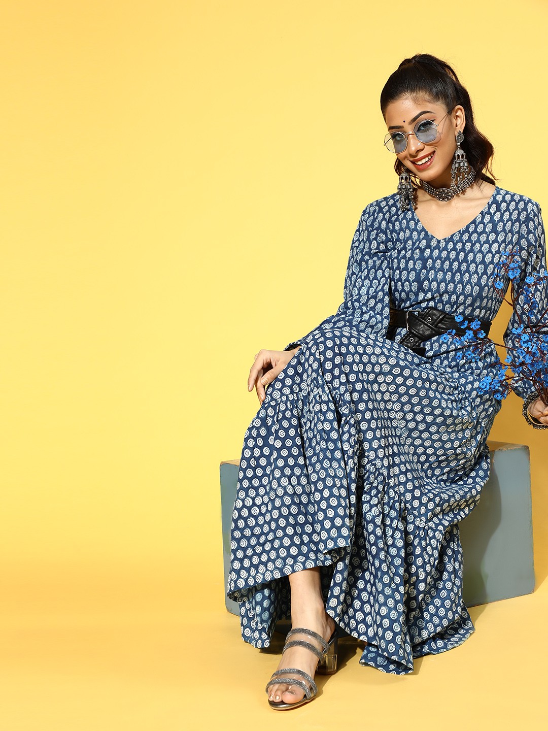 

Prakrti Navy Blue & Off White Ethnic Motifs Hand Block Buti Print Cotton Maxi Dress