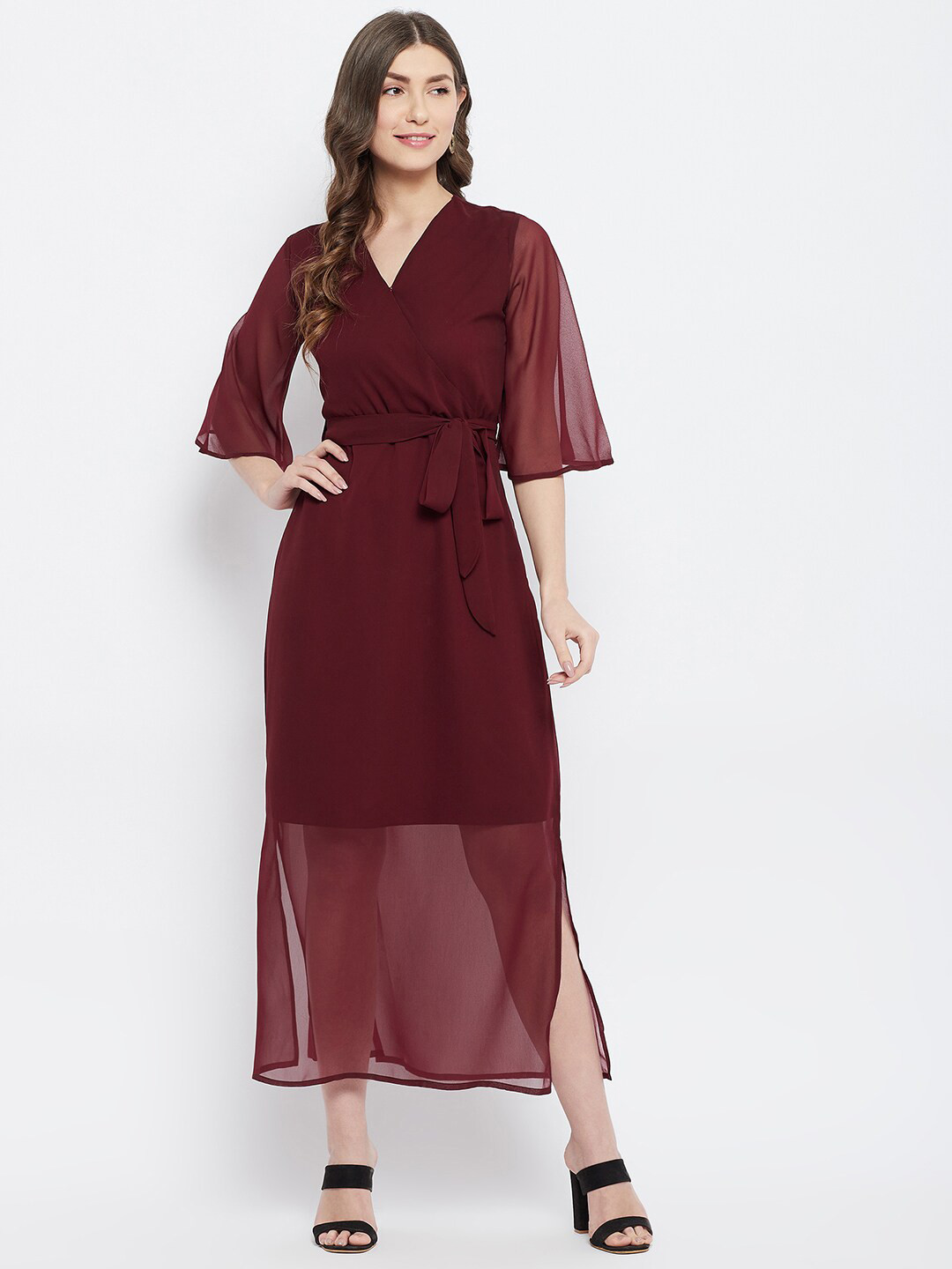 

Color Cocktail Maroon Flared Sleeves Maxi Wrap Dress