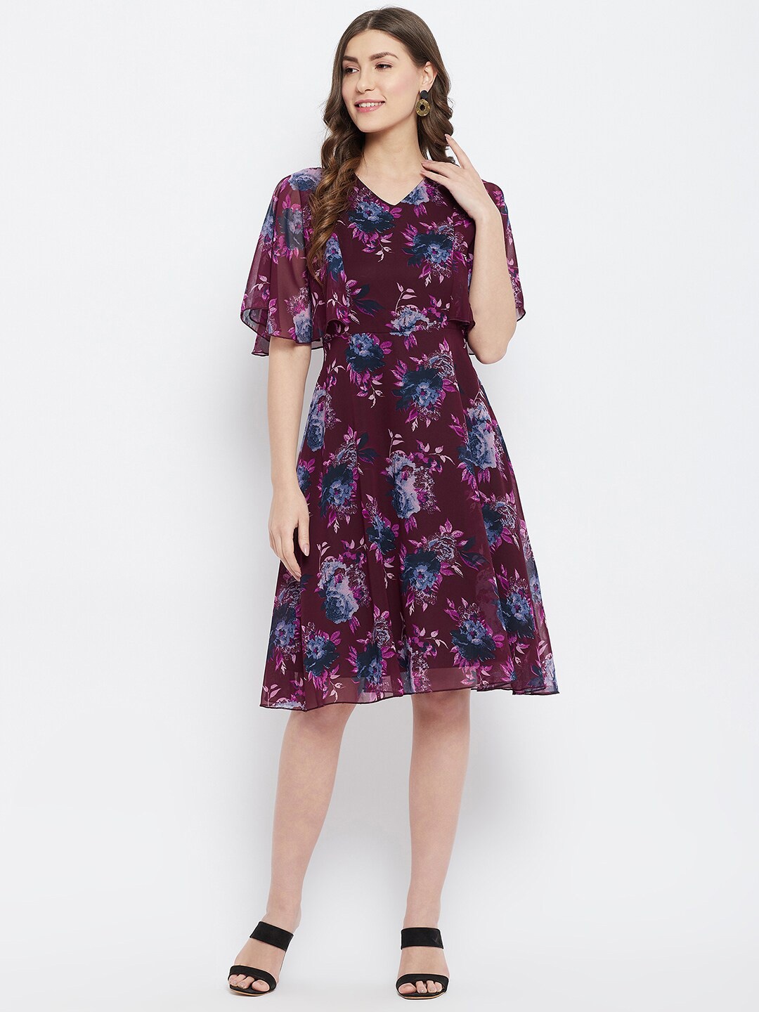 

Color Cocktail Maroon & Violet Floral Georgette Dress