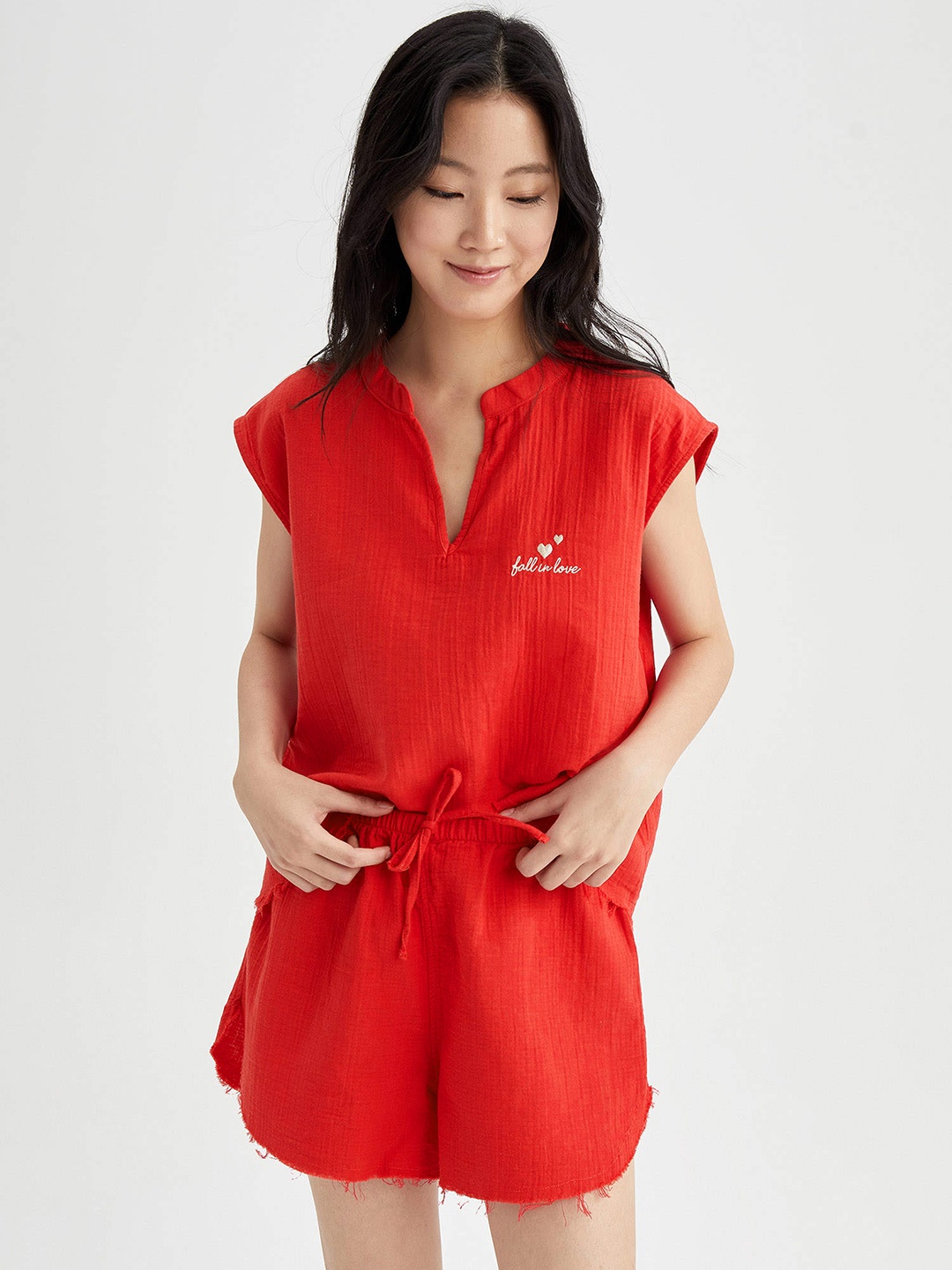 

DeFacto Women Red Pure Cotton Solid Shorts Set