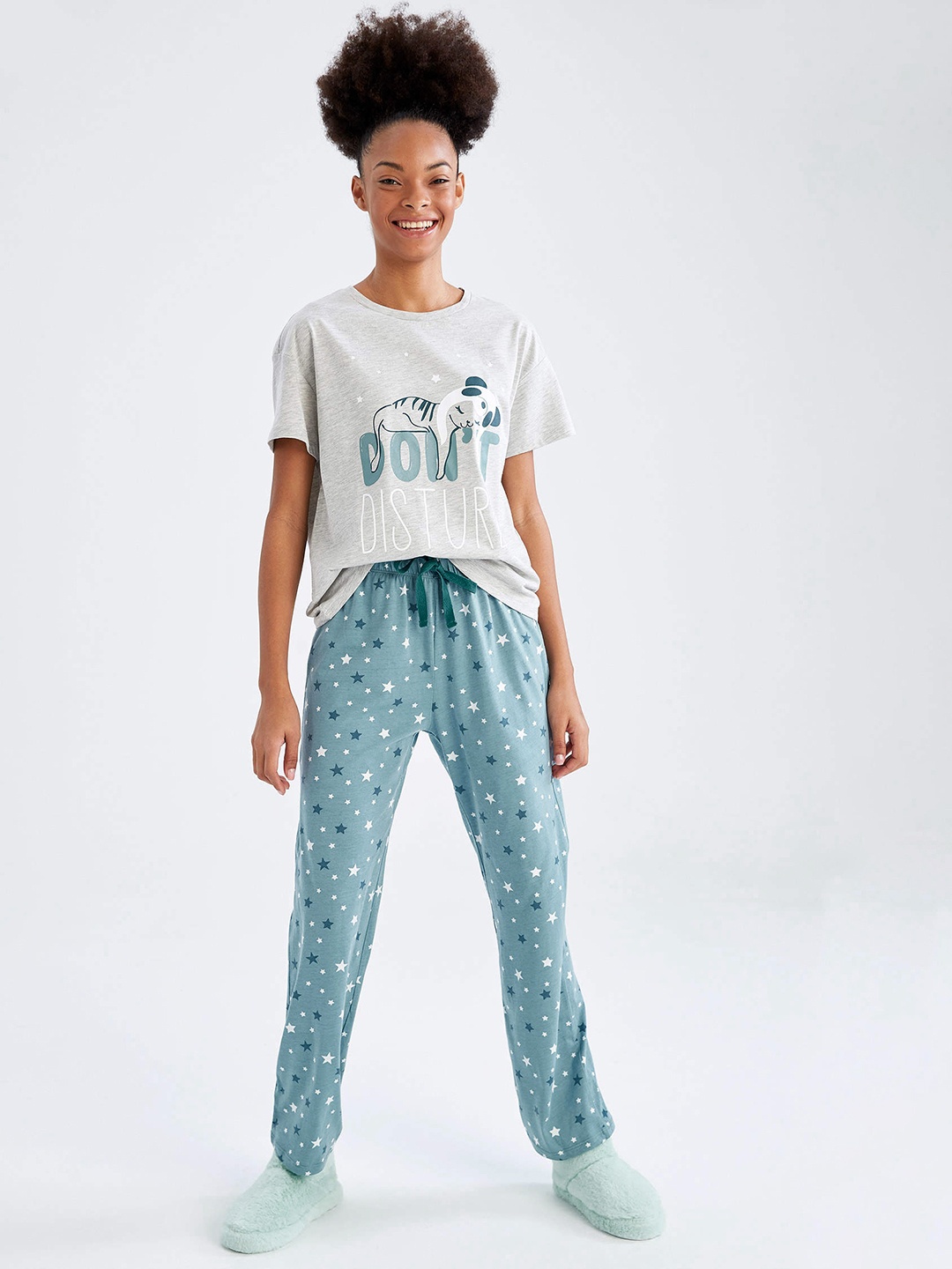 

DeFacto Women Grey Melange & Blue Pure Cotton Printed Pyjama Set